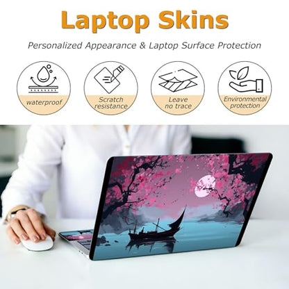 Universal Laptop Skin Sticker with 2 Wrist Pad Decals, 3-Piece Removable Vinyl Laptop Cover, Boat Moonlit Night Waterproof Anti-Scratch, Easy-Trim Fit for 13.3" 14" 15.6" Laptops - color: Boat Moonlit Night