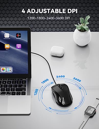 TECKNET Wired Mouse, USB Wired Computer Mice, 3600DPI 4 Adjustable Levels, 6-Button Ergonomic Mouse for Laptop PC Desktop Notebook - Black - color: Black