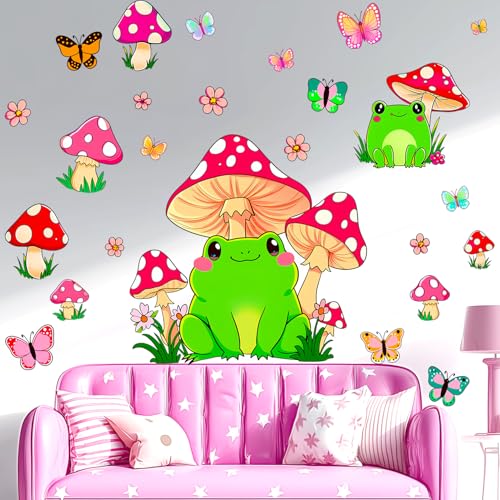 Cute Frog Red Mushroom Wall Decal Butterfly Flower Kids Nursery Decor Art | Adorable forest themed wall art, butterflies small flowers, removable vinyl decor for nursery, kids bedroom, preschool - style: Mushroom#5