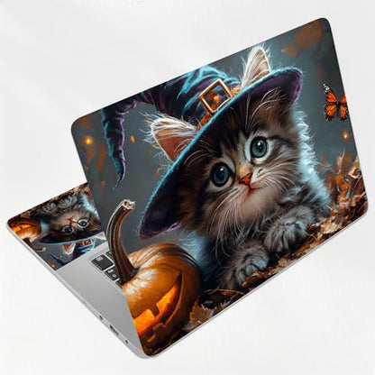 Halloween Witch Cat Universal Laptop Skin Sticker 3PCS, Protective Decal Trim-to-Fit 11.6" 13.3" 14" 15.6" Laptop Vinyl Cover, Removable Anti-Scratch Computer Decal Protector - color: Halloween Witch Cat