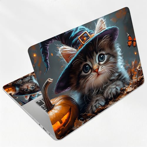 Halloween Witch Cat Universal Laptop Skin Sticker 3PCS, Protective Decal Trim-to-Fit 11.6" 13.3" 14" 15.6" Laptop Vinyl Cover, Removable Anti-Scratch Computer Decal Protector - color: Halloween Witch Cat