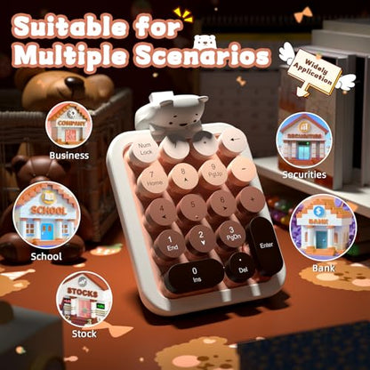 FELICON Cute Wireless Numeric Keypad with Silicon Bear,18-Key-Milk Coffee | Colorful Round Keycaps,Ergonomic,2.4Ghz USB Receiver,Portable Financial Accounting Numpad Membrane Keyboard for PC,Mac,Laptop - color: Milk Tea