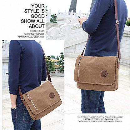 Unisex Messenger Bag Casual Canvas Bag Shoulder Sling Bag Satchel Messenger Bag for Men Work Office 13 inch Laptop Bag (Medium-Coffee) - color: Coffee