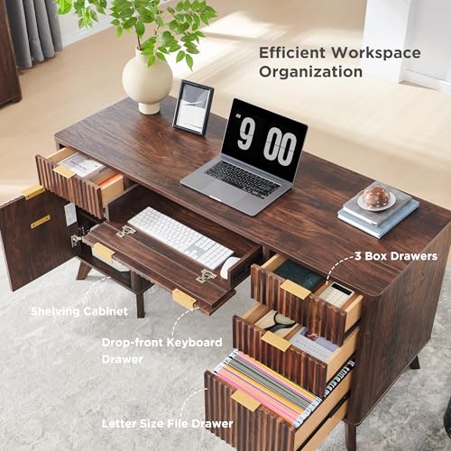 T4TREAM Fluted Executive Desk with Drawers, 60" Modern Home Office Computer Desk with Charging Station, File Cabinet, Keyboard Tray and Storage Cabinet for Study, Living Room, Bedroom, Dark Walnut - color: Walnut
