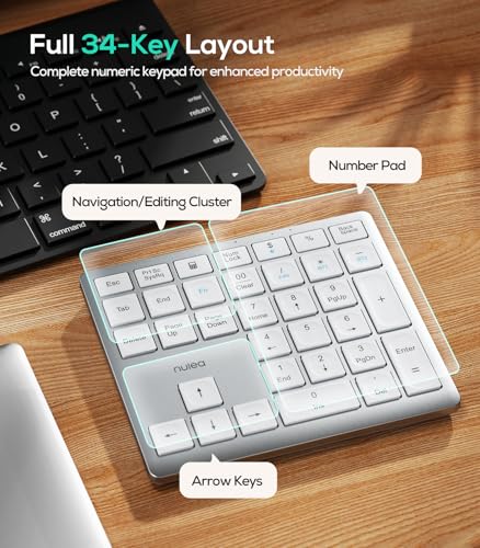 Nulea Wireless Number Pad Bluetooth 5.0 & 2.4G Portable Numeric Keyboard, USB-C Rechargeable, 34-Keys Bluetooth Keyboard for Data Entry (Silvery White) - color: C-Silvery White