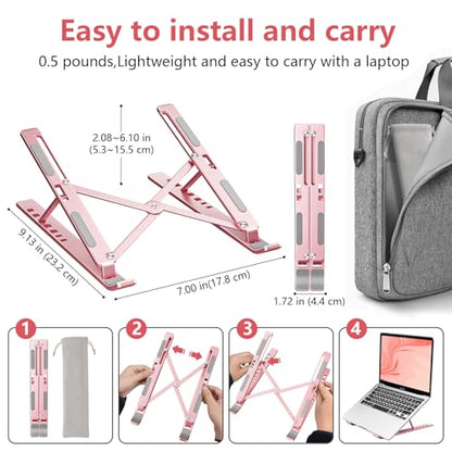 Laptop Stand for Desk, Aluminum Metal MacBook Stand，Computer Riser for Desk, Portable Foldable Adjustable Notebook Holder, Compatible with 10-15.6 Inch Laptops, iPad, Rose Gold. - color: Rose Gold