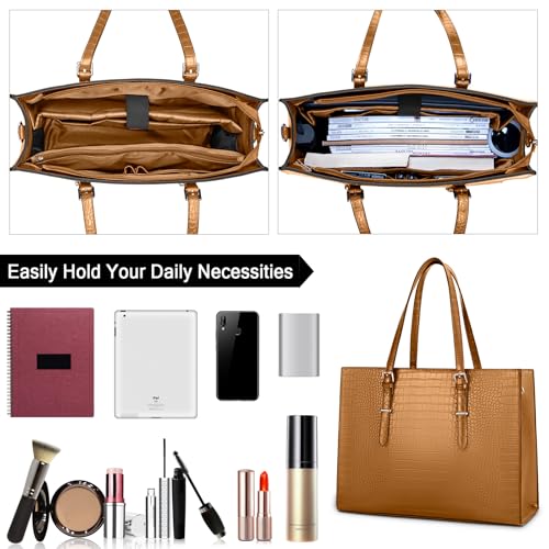 Laptop Bag for Women 15.6 Inch Crocodile Leather Tote Bag Water-resistant Work Briefcase Business Computer Shoulder Bag for Travel Teacher Nurse Professional Handbag - color: Brown