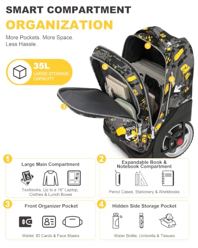 NEW TILAMI 19 Inch Rolling Backpack with Lunch Bag School Stair-Climbing | Stair-Climbing Teen Boys Girls Carry-on Suitcase Large Compartment 15.6 Laptop Sleeve Adjustable Handle Roller Travel Bag - color: Yellow Doodle