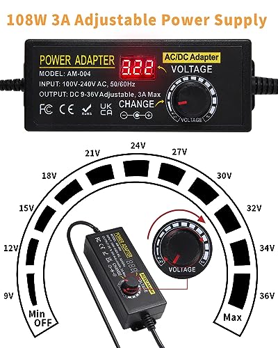 108W Universal Power Supply 9V 12V 14V 15V 16V 18V 19V 20V 24V 30V 36V Adjustable Variable AC/DC Adapter with Voltage Displays, 100V-240V AC to DC 9V~36V Converter 0.5A 1A 1.2A 1.5A 2A 2.5A 3A Max - style: 9-36V 3A 108W