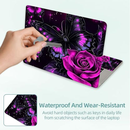 Universal Laptop Skin Decal, 3-Piece Vinyl Protector for 12 13 14 15.6" Notebook, Waterproof Anti-Scratch, Easy Trim & Bubble-Free Finish, Purple Rose and Butterfly - color: Purple Rose and Butterfly
