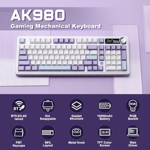 AJAZZ AK980 Mechanical Keyboard, Creamy & Thocky with Smart Display & Knob, 98% Wireless Tri-Mode BT/2.4G/USB-C, Hot Swappable, RGB Light for Win & Mac (Purple, Murad Switch) - color: Purple