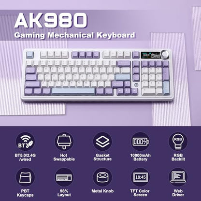 AJAZZ AK980 Mechanical Keyboard, Creamy & Thocky with Smart Display & Knob, 98% Wireless Tri-Mode BT/2.4G/USB-C, Hot Swappable, RGB Light for Win & Mac (Purple, Murad Switch) - color: Purple