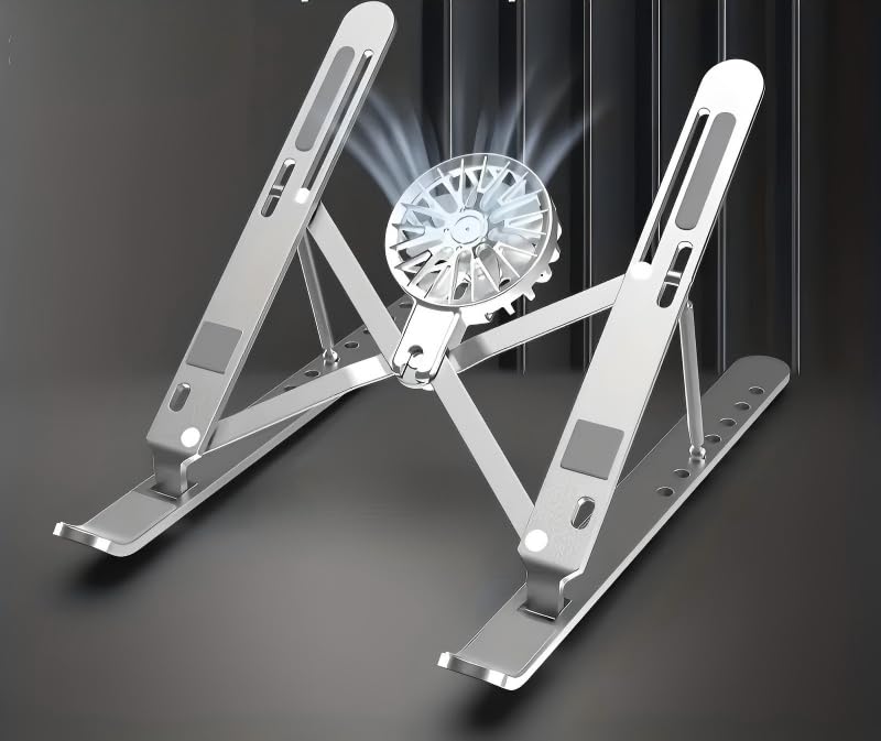 Adjustable Bracket with Detachable Cooling Fan - Portable Foldable Lifting Height, with Heat Sink, Ergonomic and Anti Slip Design, Suitable for 10 inches -17 inches (Silver)