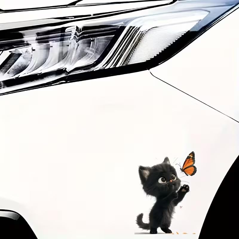 Lovely Cat and Butterfly PVC Vinyl Car Decals Stickers Waterproof Self-Adhesive Decals for Cars, Laptops, Trucks, Motorcycles Wall Window Luggage Scratch Cover Door Decor Sticker