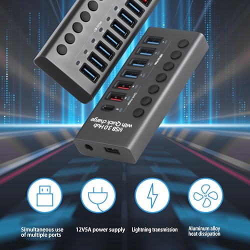Powered USB 3.0 Hub, Plug and Play 100-240V Individual Switches 5Gbps 7 Ports USB Hub Protector for Laptop (US Plug 100‑240V)