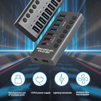 Powered USB 3.0 Hub, Plug and Play 100-240V Individual Switches 5Gbps 7 Ports USB Hub Protector for Laptop (US Plug 100‑240V)