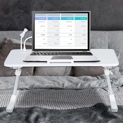Laptop Bed Tray Table, Height Angle Adjustable Laptop Bed Stand Portable Lap Desk with Foldable Legs USB Fan Small Light for Kids Adult Foldable Lap Tablet Table for Sofa Couch White - color: White