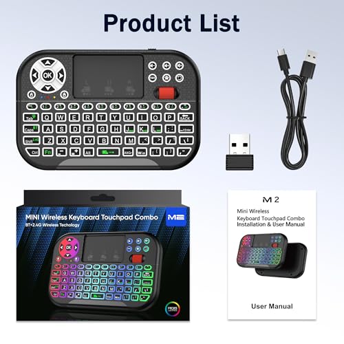 IDEALROYAL M2 Mini Wireless Keyboard with Touchpad Mouse Combo, Portable Bluetooth/2.4Ghz Mini Keyboard with 7 Colors RGB Backlit, Rechargable Battery for Android Box/Smart TV/Pad/PC, HTPC, Tablet