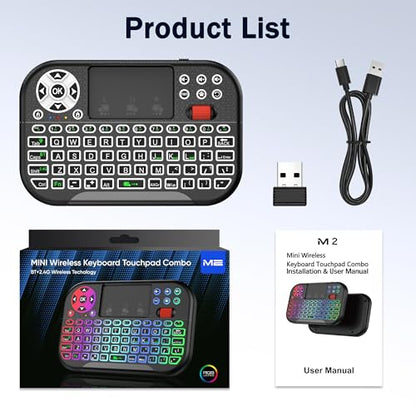 IDEALROYAL M2 Mini Wireless Keyboard with Touchpad Mouse Combo, Portable Bluetooth/2.4Ghz Mini Keyboard with 7 Colors RGB Backlit, Rechargable Battery for Android Box/Smart TV/Pad/PC, HTPC, Tablet