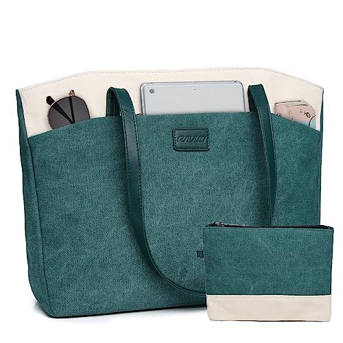 RAVUO Tote Bag for Women, Water Resistant 2PCS Set 15.6 Inch Laptop Travelling Bags Work Teacher Purse W Portable Pouch - color: Green
