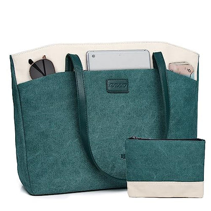 RAVUO Tote Bag for Women, Water Resistant 2PCS Set 15.6 Inch Laptop Travelling Bags Work Teacher Purse W Portable Pouch - color: Green