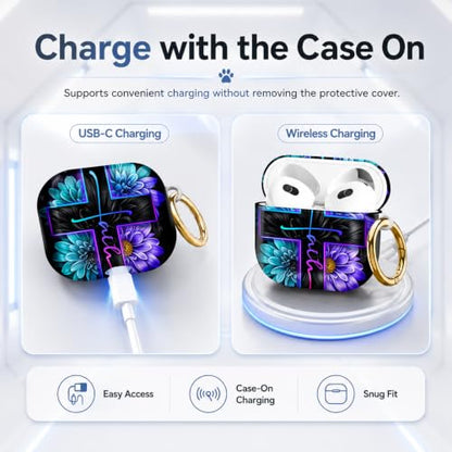 Compatible with AirPod 4 Case 2024, Cute Hard Plastic Protective Cover for Airpod 4th Generation Women, Shockproof Shell Skin with Gold Ring Keychain,Cross Flowers Stars - color: Cross Flowers Stars