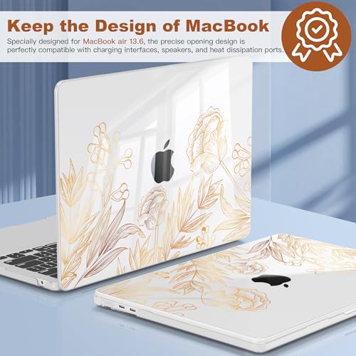 CISSOOK Compatible with MacBook Air 13.6 inch Case 2026 2025 2024 2023 2022 | A3449 A3240 A3113 A2681, 5in1 Set Hard Shell Case Keyboard Cover for MacBook Air 13 inch M2 M3 M4 M5, Gold Floral - color: Air13.6inch-Gold Floral Blossom