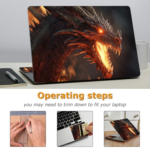 Universal Laptop Skin Sticker with 2 Wrist Pad Decals, 3-Piece Removable Vinyl Laptop Cover, Fiery Dragon Waterproof Anti-Scratch, Easy-Trim Fit for 13.3" 14" 15.6" Laptops - color: Fiery Dragon