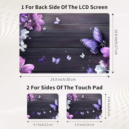15.6 Inch Laptop Skin Sticker, Reusable Vinyl Cover Protector with 2 Wrist Pad Skins, Removable Waterproof Scratch-Resistant for 12-15.6 Inch Laptop Notebook,Purple And Pink Flowers On Wooden - color: Purple And Pink Flowers On Wooden