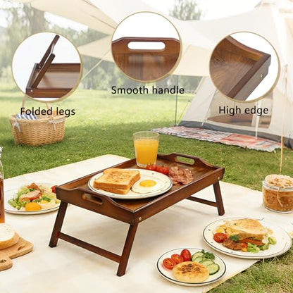 Bamboo Breakfast Tray Table with Folding Legs for Bed Table Sofa - Eating & Laptop Tray Bamboo with Folding Legs - color: Walnut