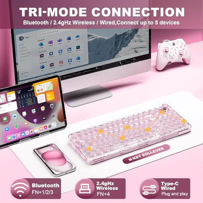 YUNZII X98 QMK/VIA Wireless Mechanical Gaming Keyboard with Knob,Tri-Mode BT5.0/USB-C/2.4GHz Hot Swappable Keyboard,Pre-lubed Switches Gasket Mount RGB Backlit for Wins/Mac (Pink, Crystal Switch) - color: Pink, size: Crystal Switch
