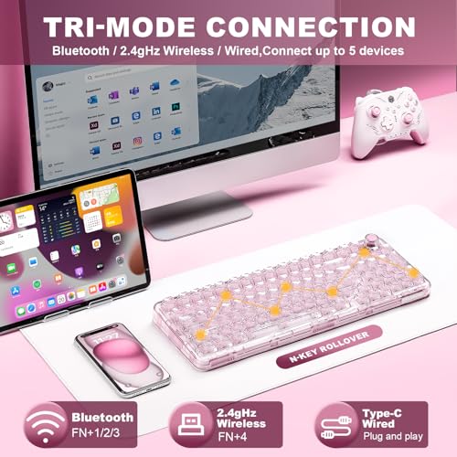 YUNZII X98 QMK/VIA Wireless Mechanical Gaming Keyboard with Knob,Tri-Mode BT5.0/USB-C/2.4GHz Hot Swappable Keyboard,Pre-lubed Switches Gasket Mount RGB Backlit for Wins/Mac (Pink, Snow Switch) - color: Pink, size: Snow Switch