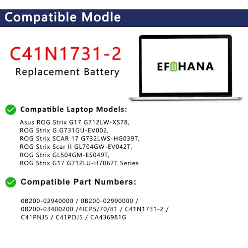 C41N1731-2 Laptop Battery Replacement for Asus ROG Strix G531GU G731GV G731GW G512LU G512LV G512LW G712LU G531GU G531GV G532LV G732LW G531GW Series 15.4V 66Wh 4335mAh 15.4V 66Wh 4335mAh - size: 10.24×3.43×0.28 in C41N1731-2