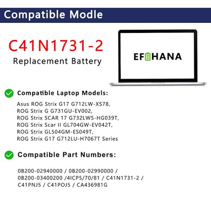 C41N1731-2 Laptop Battery Replacement for Asus ROG Strix G531GU G731GV G731GW G512LU G512LV G512LW G712LU G531GU G531GV G532LV G732LW G531GW Series 15.4V 66Wh 4335mAh 15.4V 66Wh 4335mAh - size: 10.24×3.43×0.28 in C41N1731-2