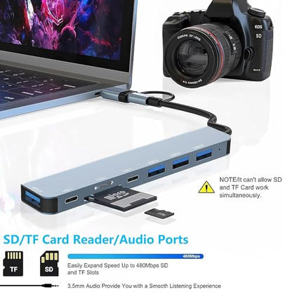 USB Hub 3.0 USB C Hub 8 in 1 with SD/TF Card Reader, 3.5mm Audio Jack, USB-A & USB-C Dual Input, Multiport Splitter Adapter for MacBook Pro/Air, PC, Laptop, Tablet and Other Devices
