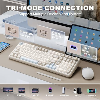 YUNZII B98 PRO QMK/VIA Wireless Mechanical Gaming Keyboard,96% Layout with Numpad and Cute Cat Knob, BT/2.4G/USB-C,Linear Switch Hot Swap Gasket,RGB for Win/Mac (Beige, Milk V2 Linear Switch) - color: Beige, size: Milk V2 Linear Switch