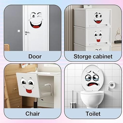 8Pcs Funny Trash Can Stickers, 4 Sheets Cartoon Face Decals, Self-Adhesive Waterproof Decorative Stickers for Trash Can, Toilet and Refrigerator
