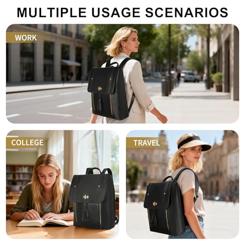 ESTARER Upgraded Version Women PU Leather Backpack 15.6 Inch Laptop Backpack Vintage College Rucksack Bag (Black)