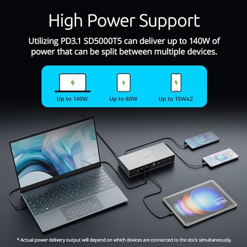 Kensington SD5000T5 Thunderbolt 5 Docking Station (K35201NA) Silver | Dual 6K at 60Hz displays, 140W power delivery, compatible with MacBook M1-M5 and Windows Thunderbolt 5 laptops