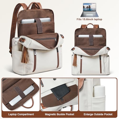 Laptop Backpack for Women 15.6 inch,Travel Leather Backpack Purse Nurse Teacher Carry on Backpack Computer Bag,Professional Water-Resistant College Business Work Casual Daypack,Beige with Brown - color: Beige With Brown