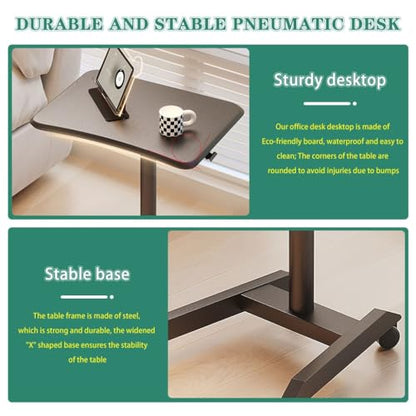 Height Adjustable Standing Table, Pneumatic Lift Laptop Desk, Movable Sofa Side Table with Wheels, Large Thick Steel Tube Computer Desk