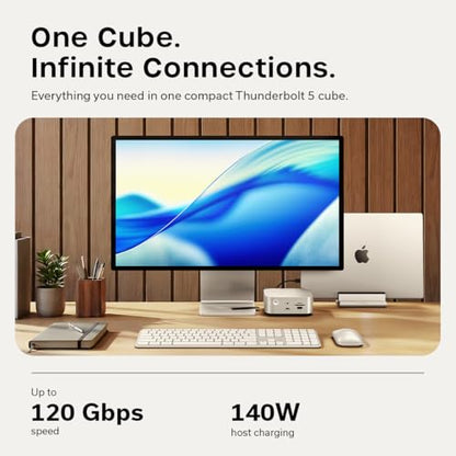 Satechi Thunderbolt 5 CubeDock, Built-in NVMe SSD Enclosure, Silver | Docking Station, 80 Gbps/120 Gbps USB4 v2, 140W charging, displays up to 8K, 2.5 GbE, Type-A/C 10 Gbps, active cooling