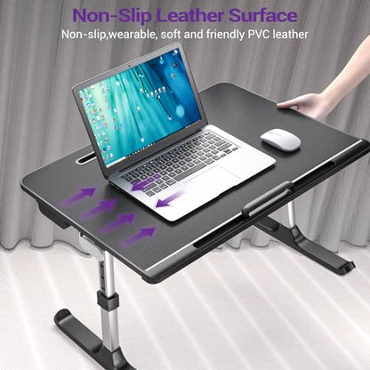 NEARPOW XXL Bed Table Tray, Adjustable Laptop Lap Desk for Couch, Gray | Bed desk for laptop and writing features anti-slip leather, 5 heights, 4 angles, book stand, a drawer & removable stopper - color: Black