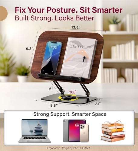 Adjustable Book Stand for Reading – Durable Build Quality, 360° Rotating Base, Stable Book Holder for Study, Kitchen, or Office, Relieves Neck Strain, (Dark Wood) - color: Dark Wood