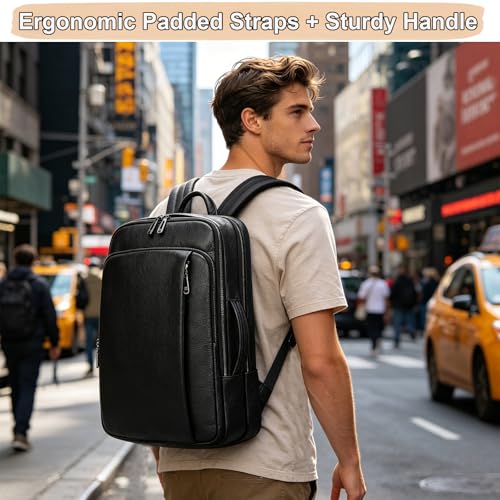 Men's Genuine Leather 15.6 Inch Laptop Backpack, Multi Compartment Business Travel Daypack for Daily Commute Office Work Professional Use - color: 21y-black