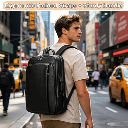 Men's Genuine Leather 15.6 Inch Laptop Backpack, Multi Compartment Business Travel Daypack for Daily Commute Office Work Professional Use - color: 21y-black