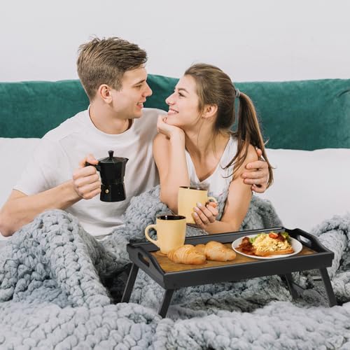Tray Table for Bed, Bamboo Breakfast Serving Tray with Folding Legs and Handles, Laptop and Snack Bed Table with Cross Bar & Media Slot, Dark Brown with Black Legs, for Bedroom, Sofa, Kitchen - color: Brownish-black