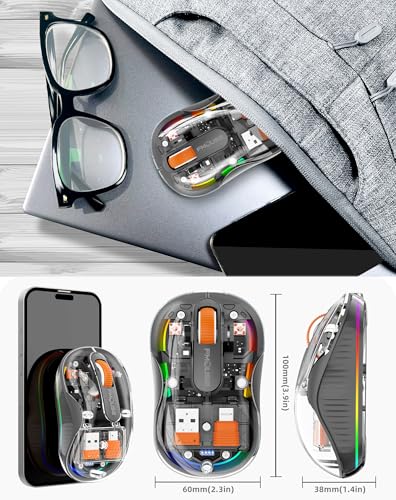 Bluetooth Wireless Mouse, Transparent RGB Tri-Modes Mouse,Bluetooth & 2.4GHz for Multi Device, USB-C Receiver Ideal for MacBook/Laptops, Rechargeable, Silent, Portable, Cool LED, Ergonomic - Grey - color: Grey
