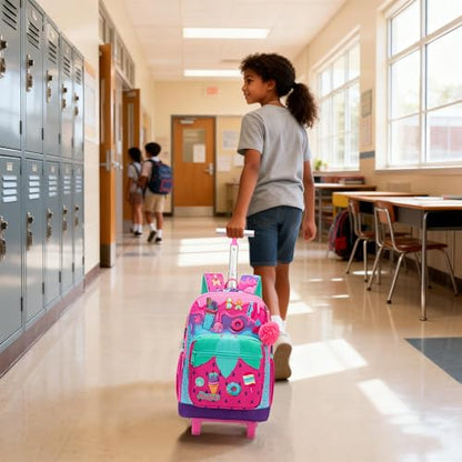 Girls Rolling Backpack with Lunch Box School Backpacks with Wheels 16.5" Roller Backpack for Girls, 3pcs Kids Wheeled Bookbag for Elementary School - color: Pink Strawberry