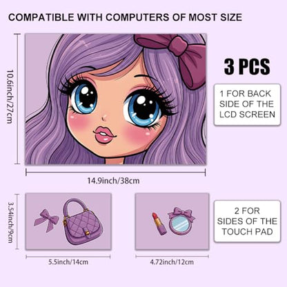 Cartoon Pricess PVC Sticker for Laptop Purple Lady Notebook Skin Sticker 3Pcs Laptop Cover Decals for 12.1 13 13.3 13.6 14 15 15.3 16 Inch Computer Notebook PC Waterproof OilProof - style: cartoon girl